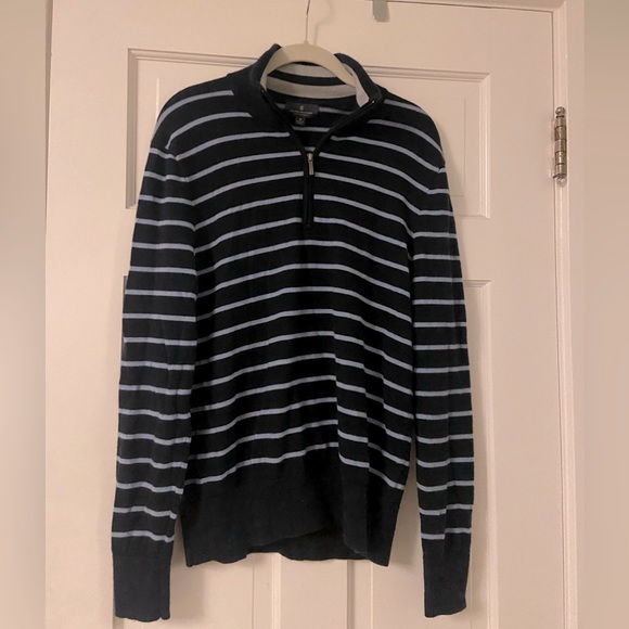 Brooks Brothers 100% Fine Merino Wool Half Zip Sweater- Navy Blue Stripes - Picture 1 of 13